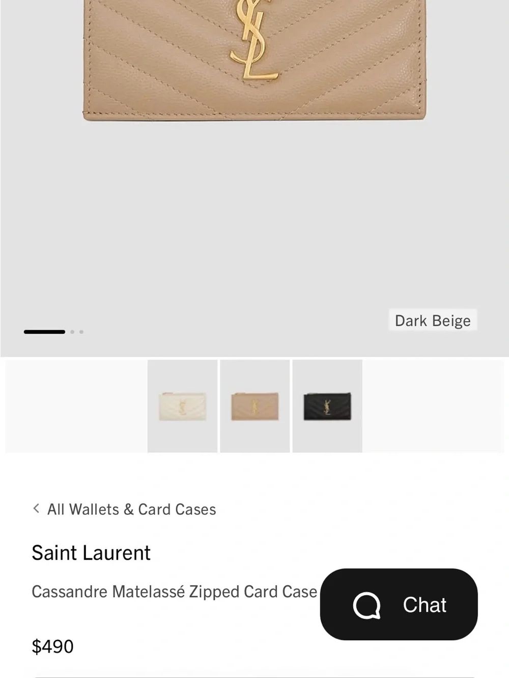 YSL Cassandre Matelassé Zipped Card Case in Leather Beige
